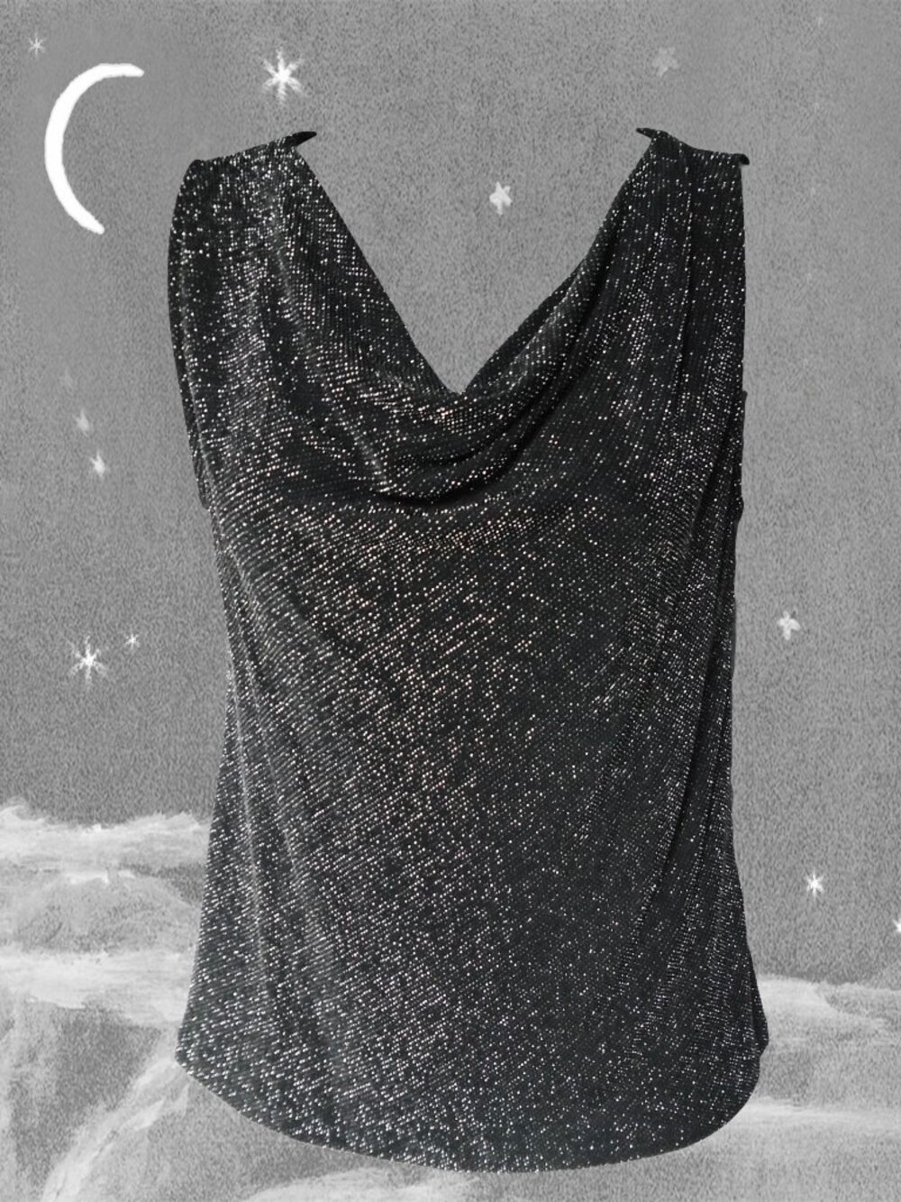 Cowl Tank Sparkle Top Black / Silver Vintage, Sparkly Knit LARGE